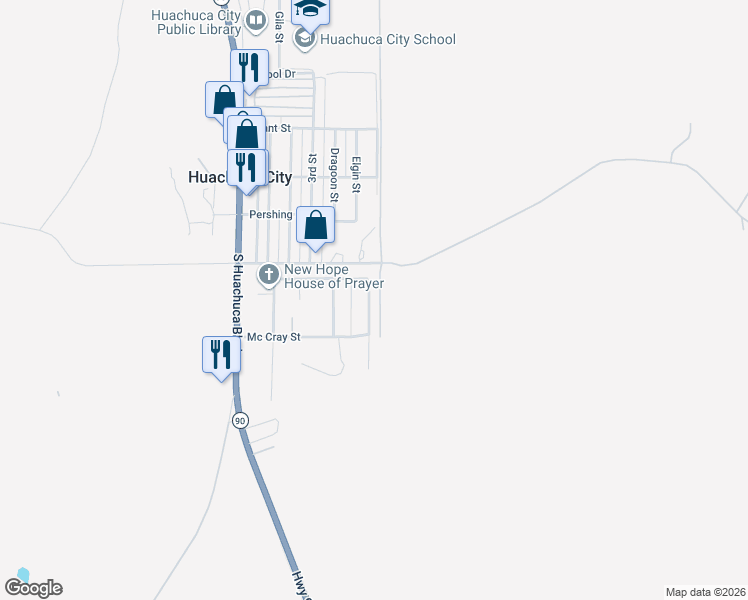 map of restaurants, bars, coffee shops, grocery stores, and more near 108 Buffalo Dr in Huachuca City