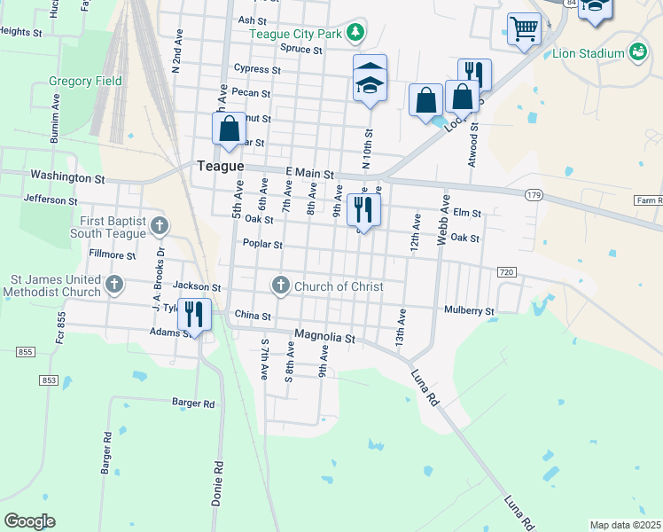 map of restaurants, bars, coffee shops, grocery stores, and more near 420 9th Avenue in Teague