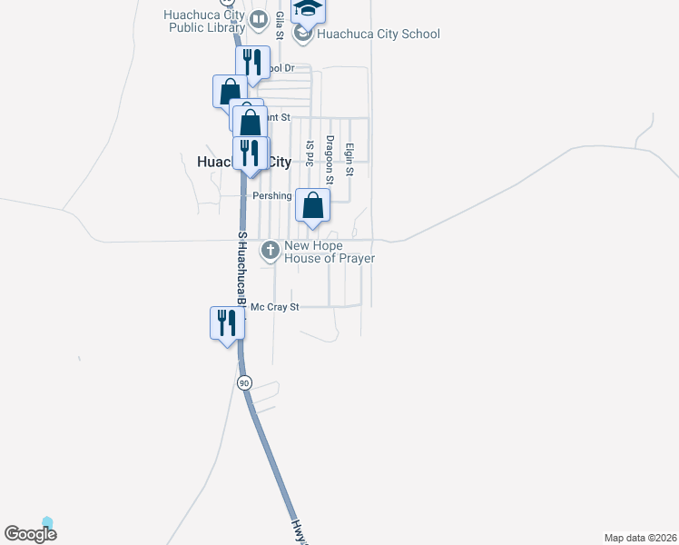 map of restaurants, bars, coffee shops, grocery stores, and more near 107 Tomahawk Drive in Huachuca City