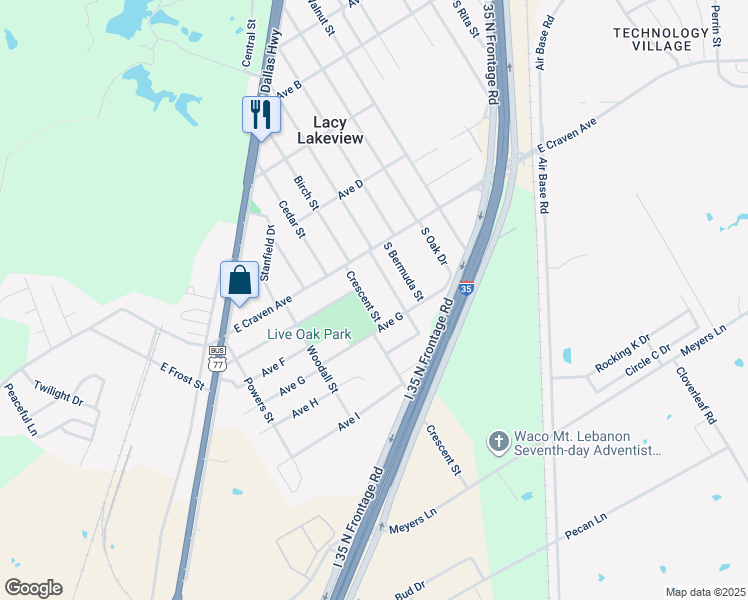 map of restaurants, bars, coffee shops, grocery stores, and more near 118 Crescent Street in Waco