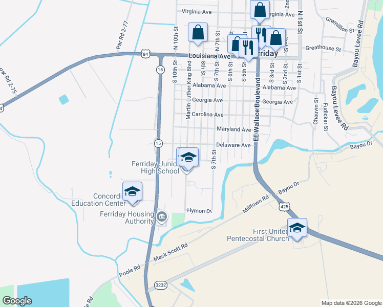 map of restaurants, bars, coffee shops, grocery stores, and more near 201 Martin Luther King Boulevard in Ferriday