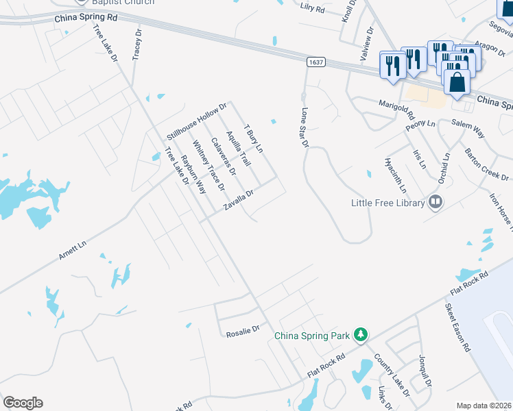 map of restaurants, bars, coffee shops, grocery stores, and more near 5440 Zavalla Drive in Waco