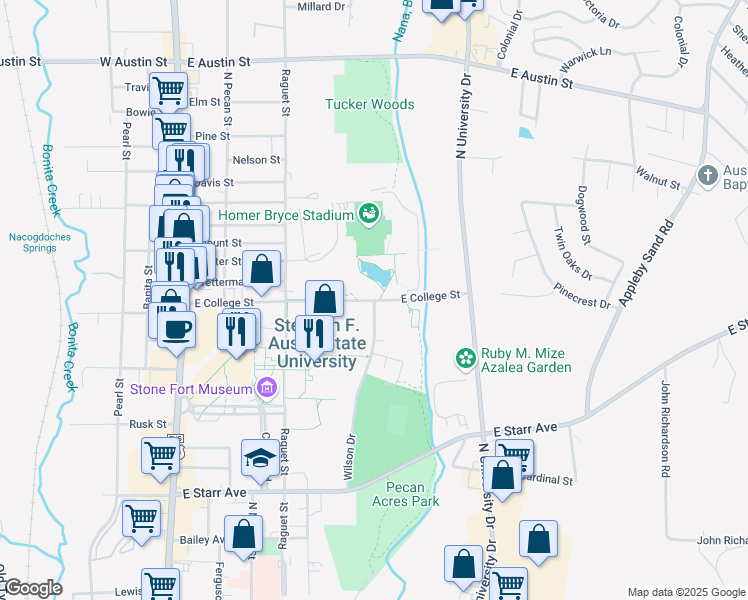 map of restaurants, bars, coffee shops, grocery stores, and more near 514-520 E College St in Nacogdoches