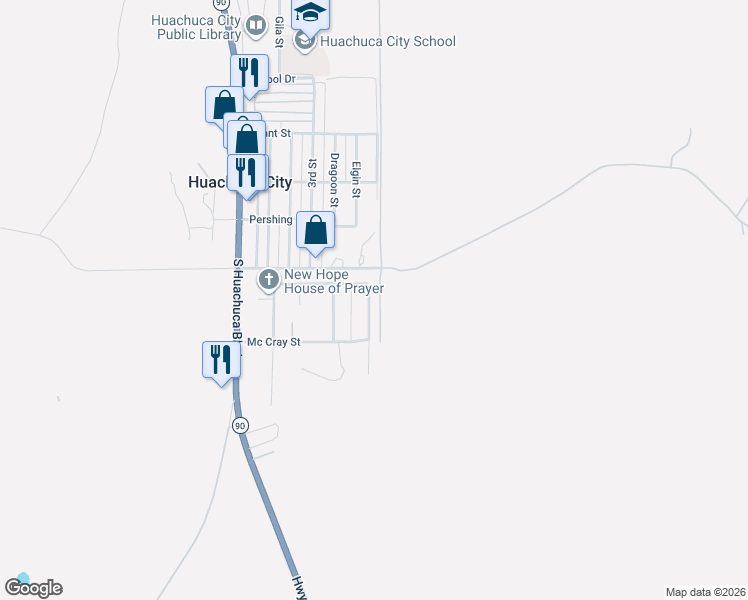 map of restaurants, bars, coffee shops, grocery stores, and more near 108 Buffalo Drive in Huachuca City