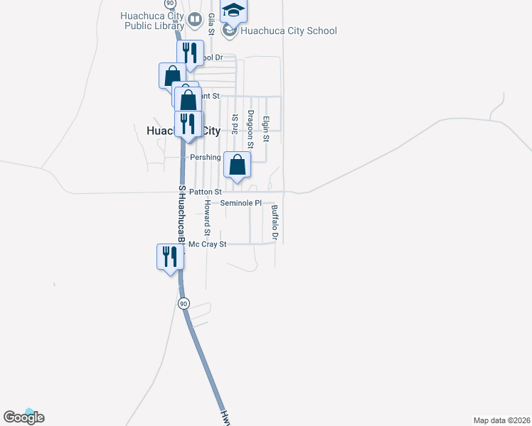 map of restaurants, bars, coffee shops, grocery stores, and more near 107 Tomahawk Drive in Huachuca City