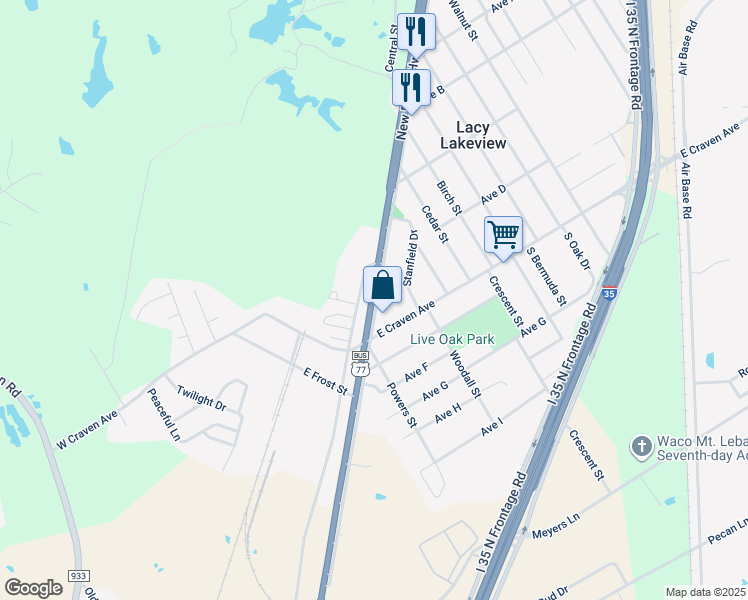 map of restaurants, bars, coffee shops, grocery stores, and more near 111 North Lacy Drive in Waco