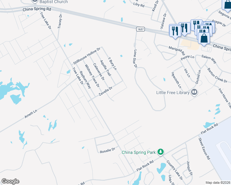 map of restaurants, bars, coffee shops, grocery stores, and more near 10301 Calaveras Drive in Waco