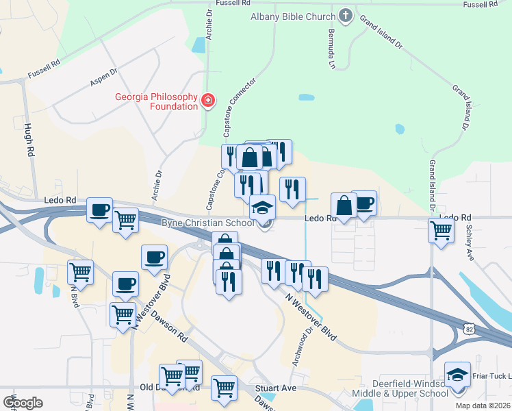 map of restaurants, bars, coffee shops, grocery stores, and more near 2831 Ledo Road in Albany