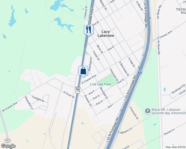 map of restaurants, bars, coffee shops, grocery stores, and more near 234 East Craven Avenue in Waco