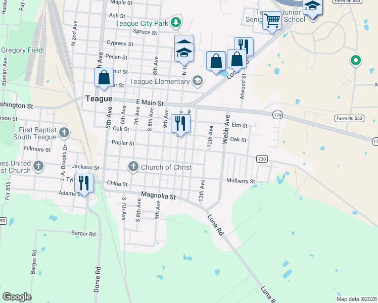 map of restaurants, bars, coffee shops, grocery stores, and more near 407 11th Avenue in Teague
