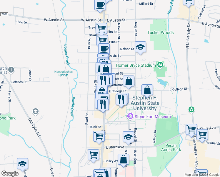 map of restaurants, bars, coffee shops, grocery stores, and more near 101 East College Street in Nacogdoches