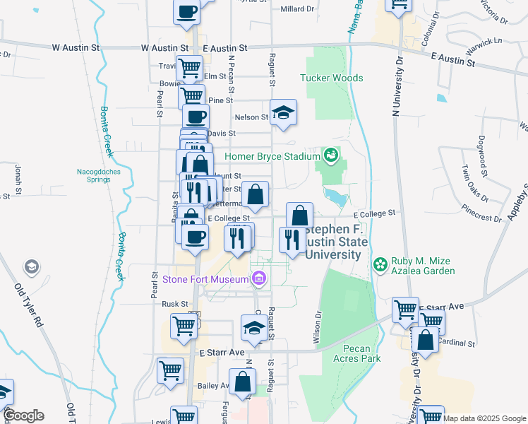 map of restaurants, bars, coffee shops, grocery stores, and more near 315 East College Street in Nacogdoches