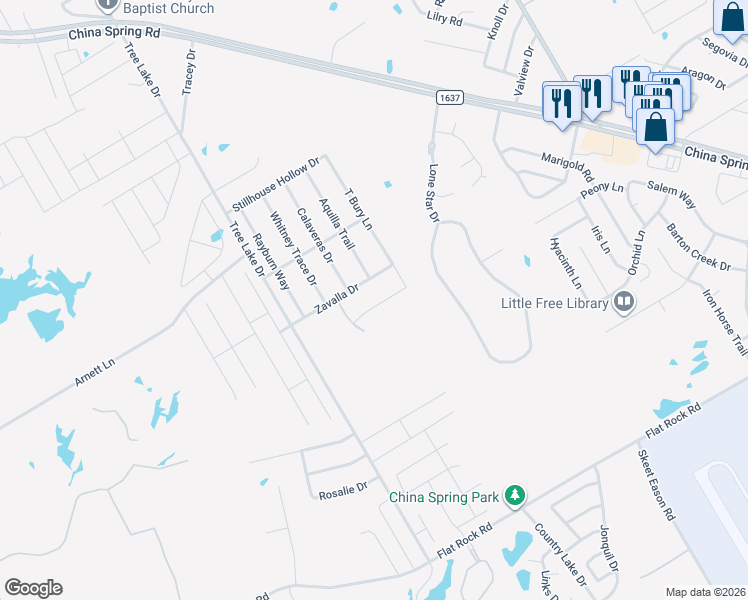 map of restaurants, bars, coffee shops, grocery stores, and more near 10301 Calaveras Drive in Waco