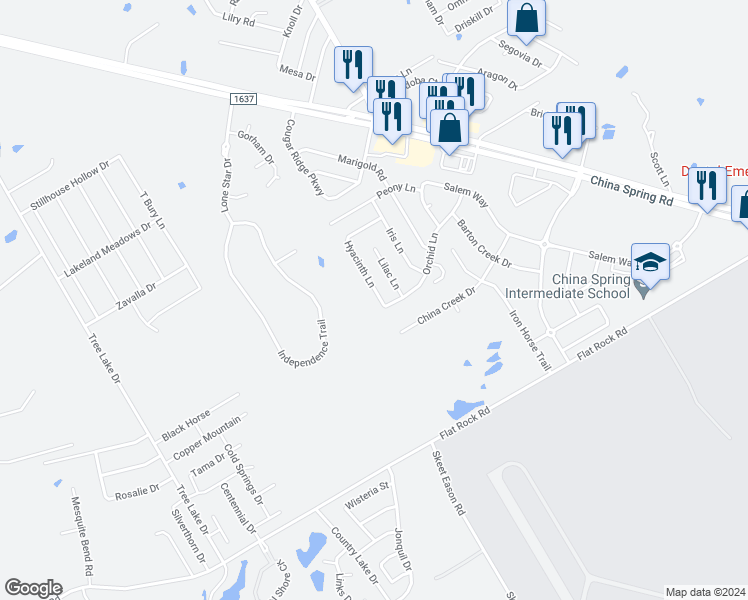 map of restaurants, bars, coffee shops, grocery stores, and more near 10204 Hyacinth Lane in Waco