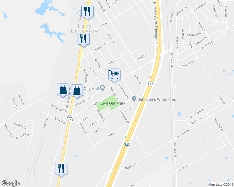 map of restaurants, bars, coffee shops, grocery stores, and more near 118 Crescent Street in Waco