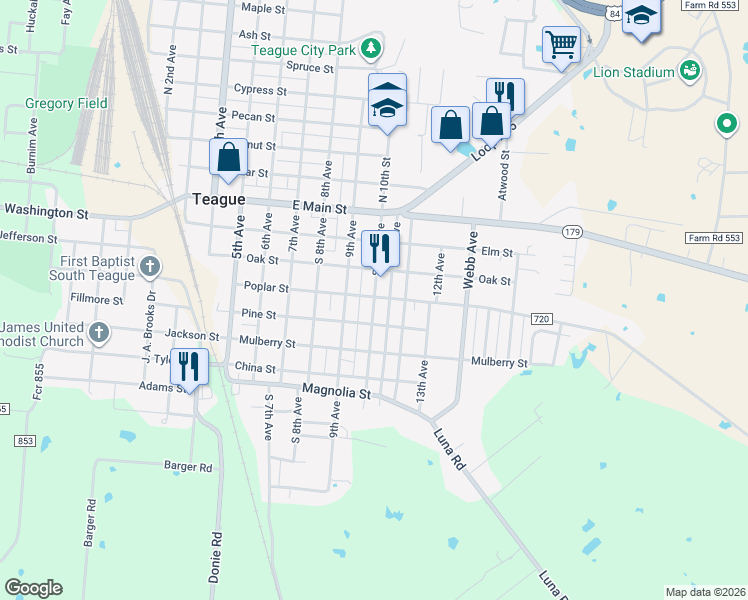 map of restaurants, bars, coffee shops, grocery stores, and more near 412 South 10th Avenue in Teague