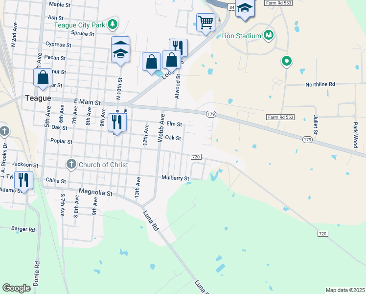 map of restaurants, bars, coffee shops, grocery stores, and more near 400 Crestview Avenue in Teague
