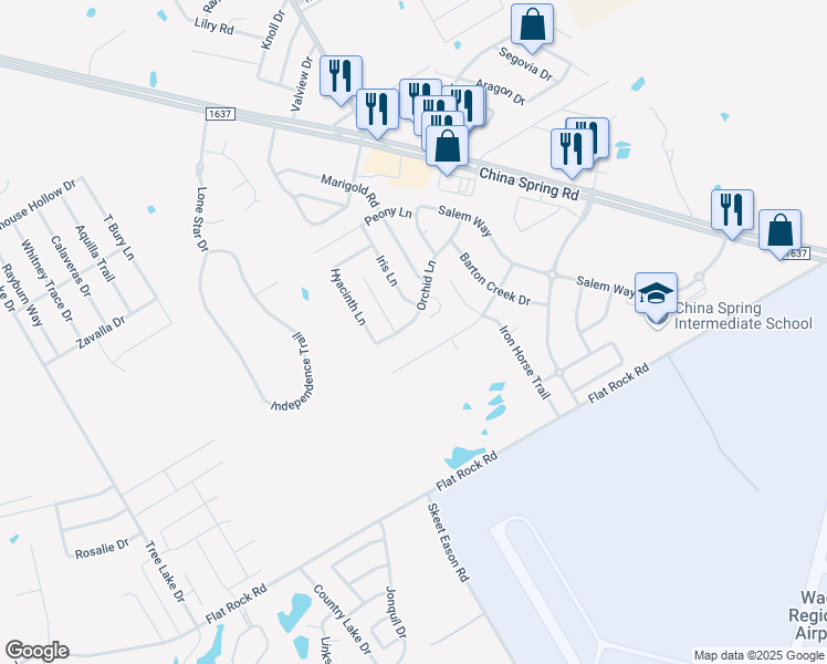 map of restaurants, bars, coffee shops, grocery stores, and more near 10165 China Creek Drive in Waco