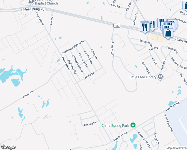 map of restaurants, bars, coffee shops, grocery stores, and more near 5440 Zavalla Drive in Waco