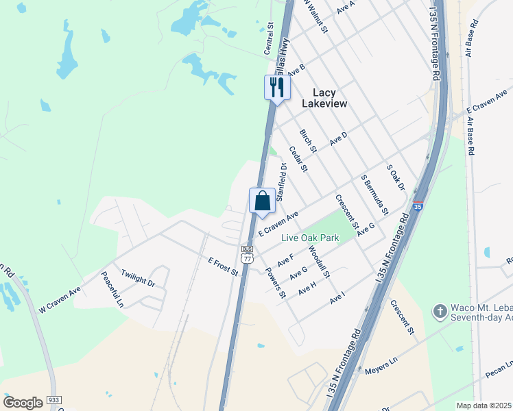 map of restaurants, bars, coffee shops, grocery stores, and more near 111 North Lacy Drive in Waco