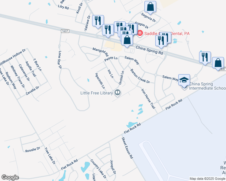 map of restaurants, bars, coffee shops, grocery stores, and more near 10165 China Creek Drive in Waco