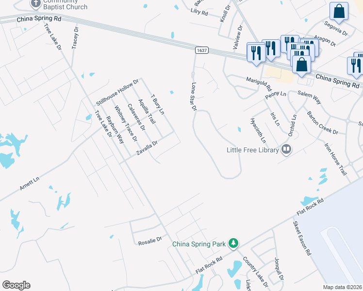 map of restaurants, bars, coffee shops, grocery stores, and more near 58-74 Independence Trail in Waco