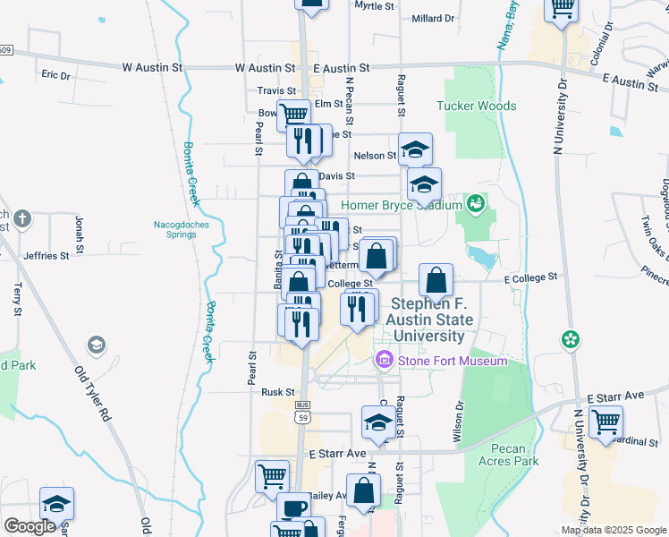 map of restaurants, bars, coffee shops, grocery stores, and more near 101-199 East College Street in Nacogdoches