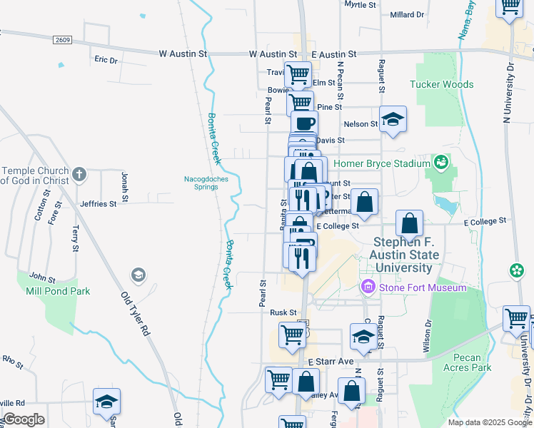 map of restaurants, bars, coffee shops, grocery stores, and more near 2111 Banita Street in Nacogdoches