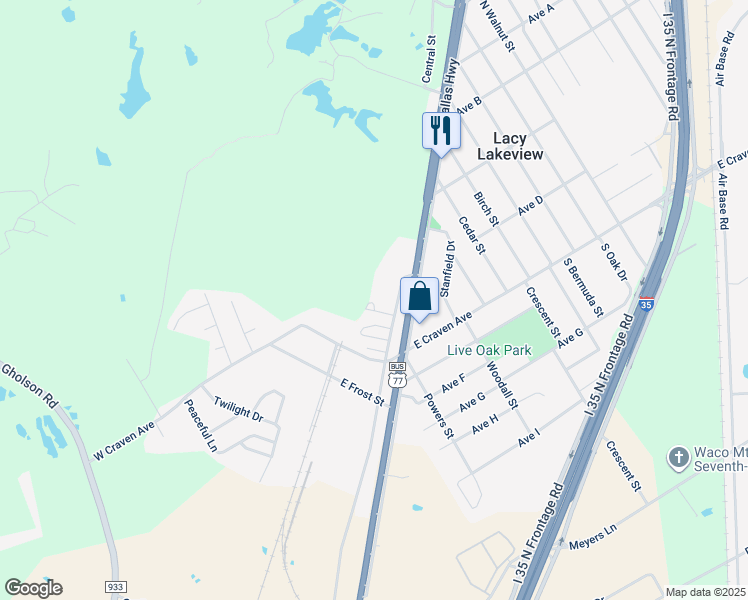 map of restaurants, bars, coffee shops, grocery stores, and more near 108 Meadow Park Circle in Lacy Lakeview