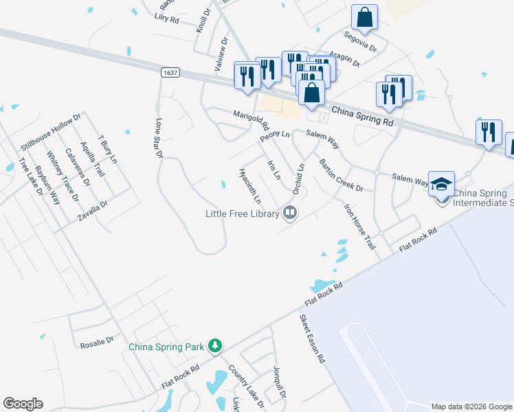 map of restaurants, bars, coffee shops, grocery stores, and more near 10168 Orchid Lane in Waco