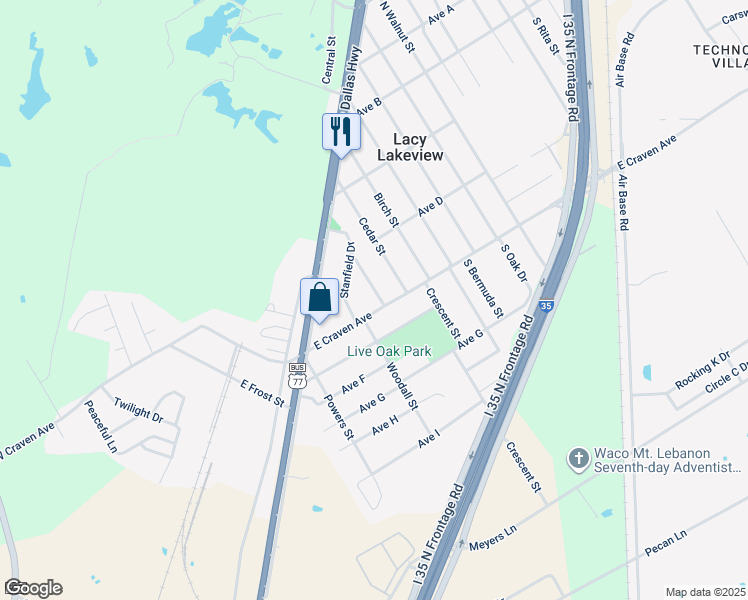 map of restaurants, bars, coffee shops, grocery stores, and more near 309 E Craven Ave in Waco