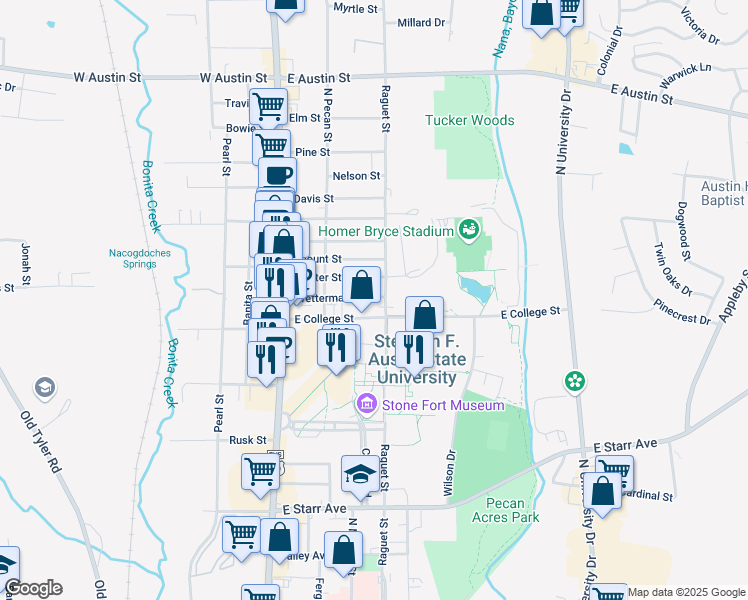 map of restaurants, bars, coffee shops, grocery stores, and more near 2111 Raguet Street in Nacogdoches