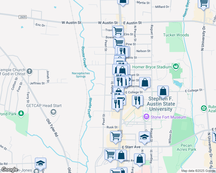 map of restaurants, bars, coffee shops, grocery stores, and more near 2111 Banita Street in Nacogdoches