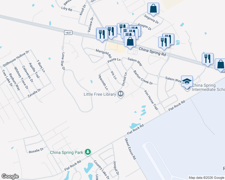 map of restaurants, bars, coffee shops, grocery stores, and more near 10168 Orchid Lane in Waco