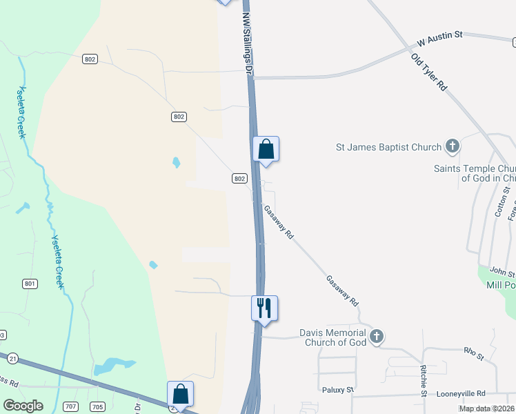map of restaurants, bars, coffee shops, grocery stores, and more near 2410 Northwest Stallings Drive in Nacogdoches