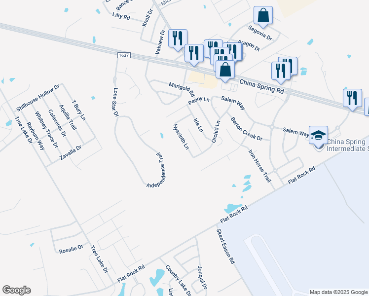 map of restaurants, bars, coffee shops, grocery stores, and more near 10216 Lilac Lane in Waco