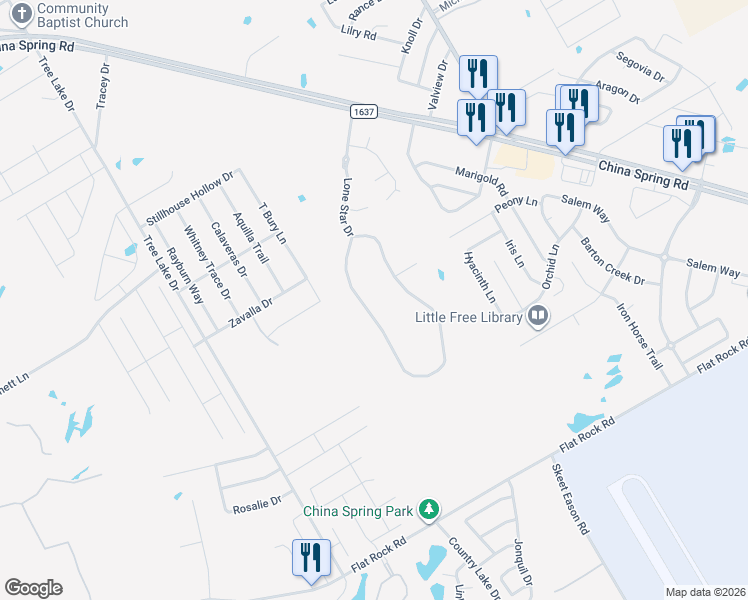 map of restaurants, bars, coffee shops, grocery stores, and more near 61 Independence Trail in Waco