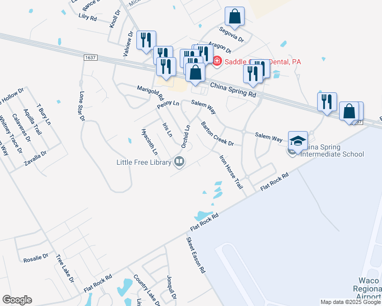 map of restaurants, bars, coffee shops, grocery stores, and more near 10105 Colony Drive in Waco