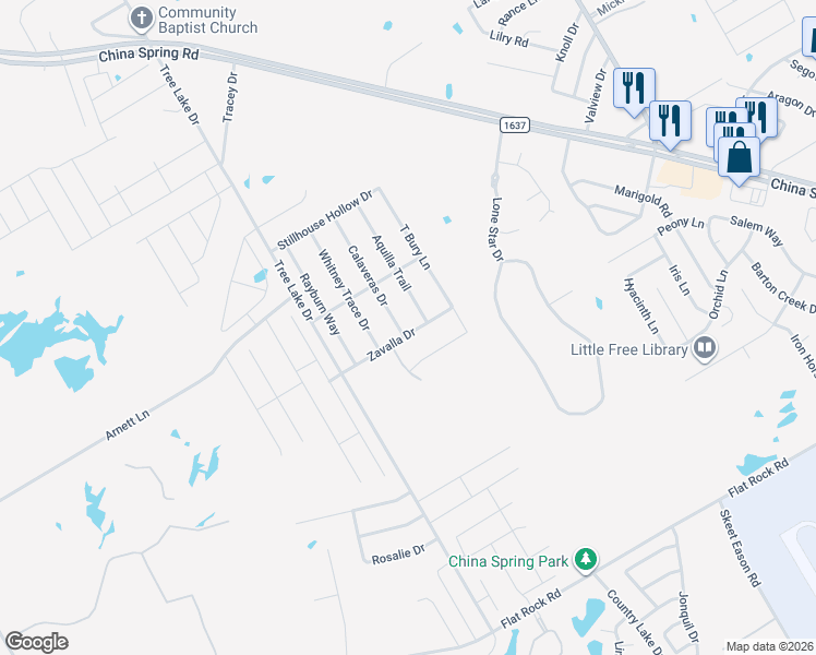 map of restaurants, bars, coffee shops, grocery stores, and more near 10301 Calaveras Drive in Waco