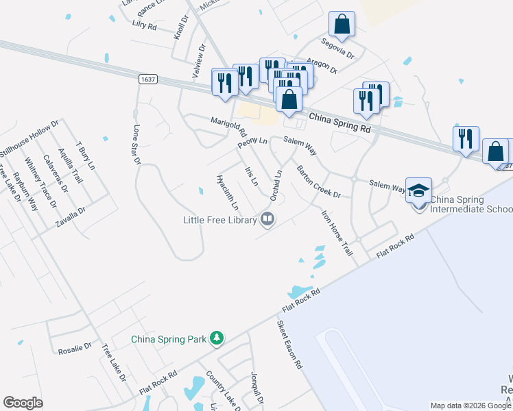 map of restaurants, bars, coffee shops, grocery stores, and more near 10201 Iris Lane in Waco