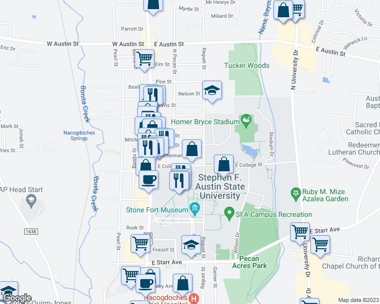map of restaurants, bars, coffee shops, grocery stores, and more near 301 Wettermark Street in Nacogdoches