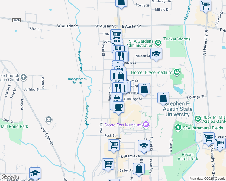 map of restaurants, bars, coffee shops, grocery stores, and more near 117 Mitchell Street in Nacogdoches