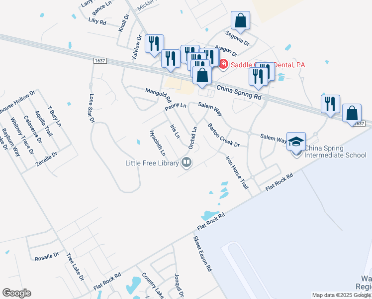 map of restaurants, bars, coffee shops, grocery stores, and more near 10201 Iris Lane in Waco