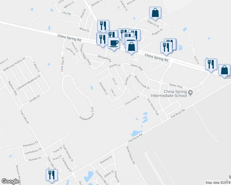 map of restaurants, bars, coffee shops, grocery stores, and more near 10216 Lilac Lane in Waco
