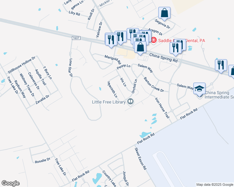 map of restaurants, bars, coffee shops, grocery stores, and more near 10216 Lilac Lane in Waco