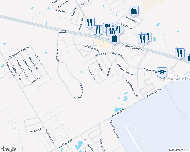 map of restaurants, bars, coffee shops, grocery stores, and more near 10217 Hyacinth Lane in Waco
