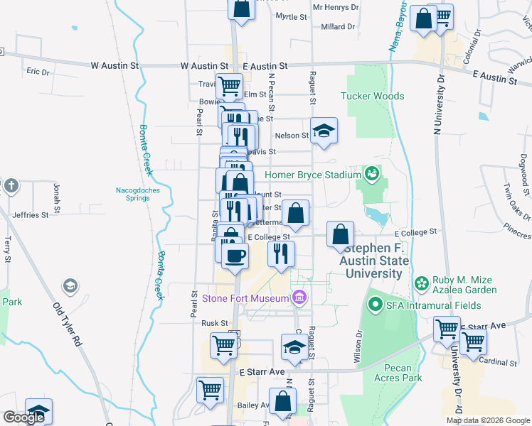 map of restaurants, bars, coffee shops, grocery stores, and more near 2504 Dogwood Drive in Nacogdoches