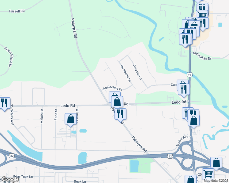 map of restaurants, bars, coffee shops, grocery stores, and more near 135 Apalachee Drive in Leesburg