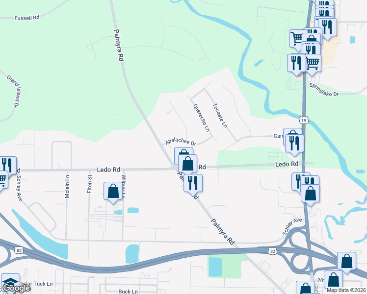 map of restaurants, bars, coffee shops, grocery stores, and more near 135 Apalachee Drive in Leesburg