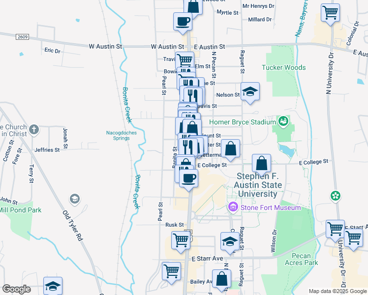 map of restaurants, bars, coffee shops, grocery stores, and more near 117 Mitchell Street in Nacogdoches
